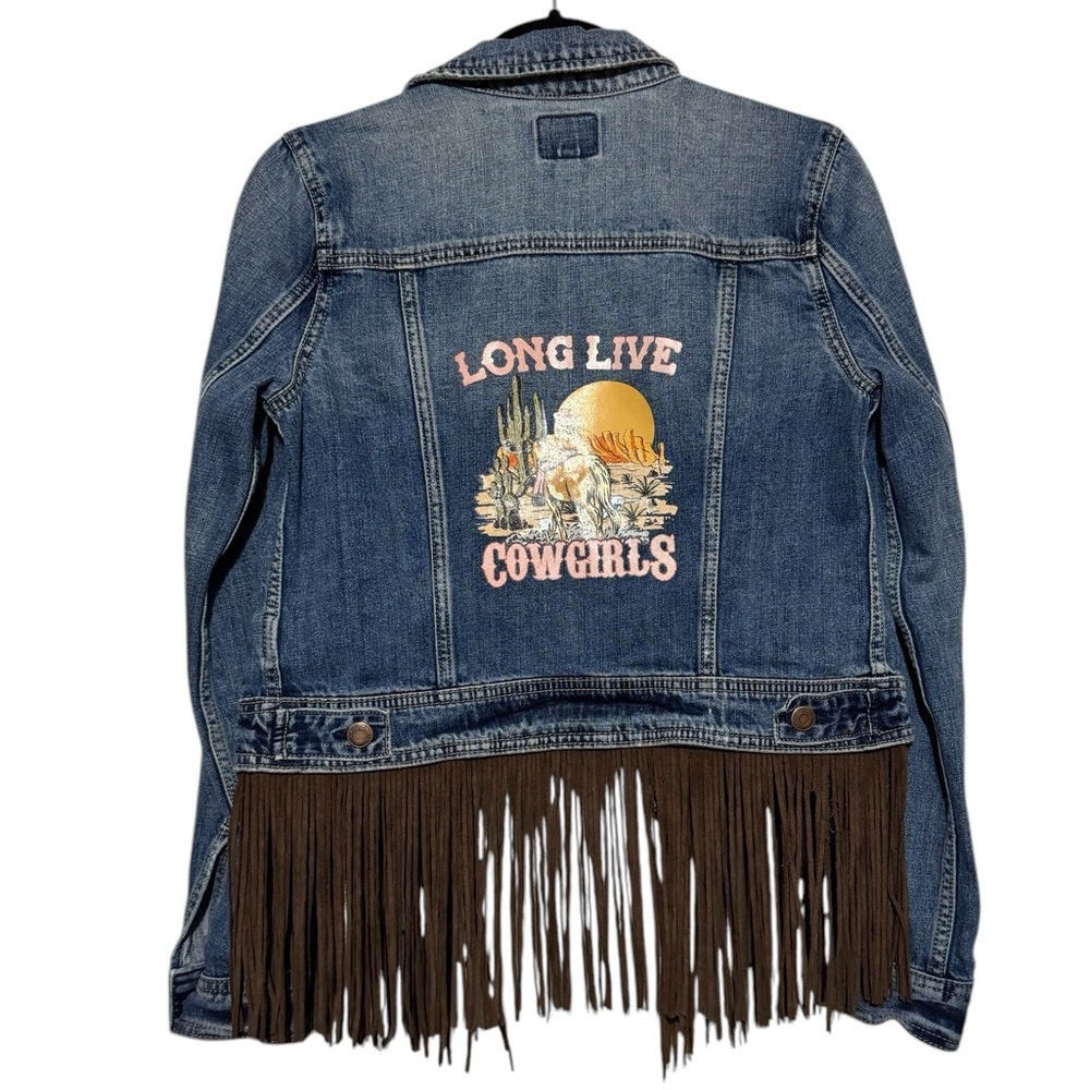 American Eagle Outfitters Blue Jean Jacket with Fringe